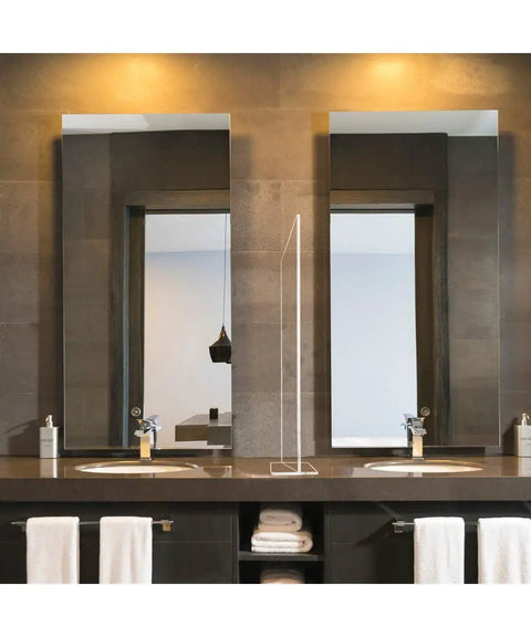 Clear Acrylic Splash Guard for Countertops and Bathrooms, Flat Top Protector in bathroom with twin mirrors