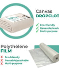 Must Have Canvas Drop Cloth For Painting 4x5 Feet Pack Of 1 8oz Painter Drop Cloths All Purpose Tarps For Floor And Furniture Protection Recycled Cotton Fabric 60 Percent Cotton 40 Percent Polyester Multipurpose Home And Office Shield next to polyethylene film comparison eco-friendly text