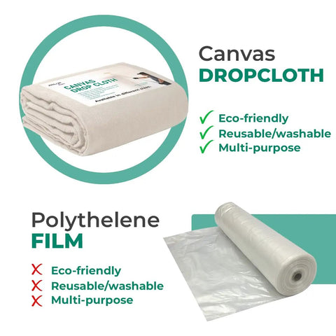 Must Have Canvas Drop Cloth For Painting 4x5 Feet Pack Of 1 8oz Painter Drop Cloths All Purpose Tarps For Floor And Furniture Protection Recycled Cotton Fabric 60 Percent Cotton 40 Percent Polyester Multipurpose Home And Office Shield next to polyethylene film comparison eco-friendly text
