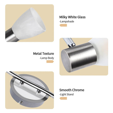 Close-up details of Six Light LED Track Lighting Kit With Frosted Glass Shades And Adjustable Heads In Brushed Nickel Modern Ceiling Fixture