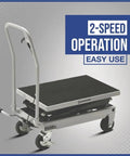 Rock Solid Hydraulic Lift Table Cart Two Speed Rolling Work Platform Supporting Five Hundred Pounds With No Sweat Height Adjustments For Busy Warehouses And Garages showing a sturdy design and handle.
