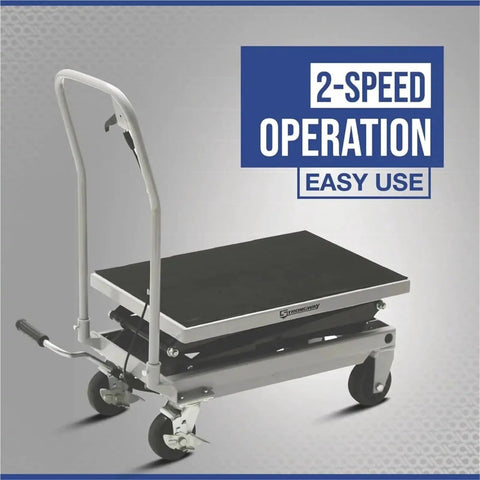 Rock Solid Hydraulic Lift Table Cart Two Speed Rolling Work Platform Supporting Five Hundred Pounds With No Sweat Height Adjustments For Busy Warehouses And Garages showing a sturdy design and handle.