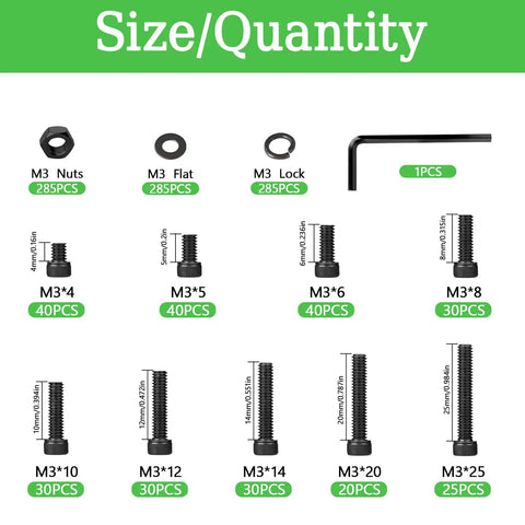 Comprehensive M3 Screws Assortment Kit With Hex Socket Head Bolts M3x5 6 8 10 12 14 20 25mm Nuts And Washers displayed in set
