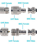 4 Type BNC to UHF Adapter Kit Gender Changer Set With BNC Male to UHF Female and BNC Female to UHF Male Pairs, coaxial connectors labeled.