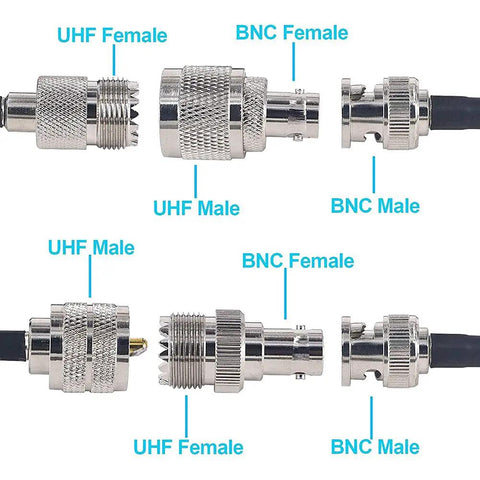 4 Type BNC to UHF Adapter Kit Gender Changer Set With BNC Male to UHF Female and BNC Female to UHF Male Pairs, coaxial connectors labeled.