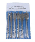 Front view of six steel spade drill bits with hex shanks in a blue package, sizes 10,12,16,18,20,25 mm.
