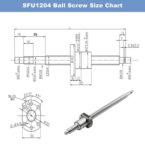 Diagram and image of Beefed Up CNC Ball Screw Kit SFU1204 250mm Stainless Threaded Spindle with measurements
