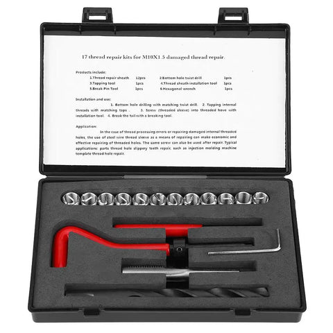 17 Piece Thread Repair Kit Stainless Steel Garage Ready Set With Twisted Drill Tap Wrench And Threaded Inserts M10x1.5