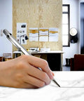 Heavy Duty Tungsten Scriber Marker Pen For Glass Metal Stainless Steel Ceramic Engraving Tool Silver tone in hand marking white surface.