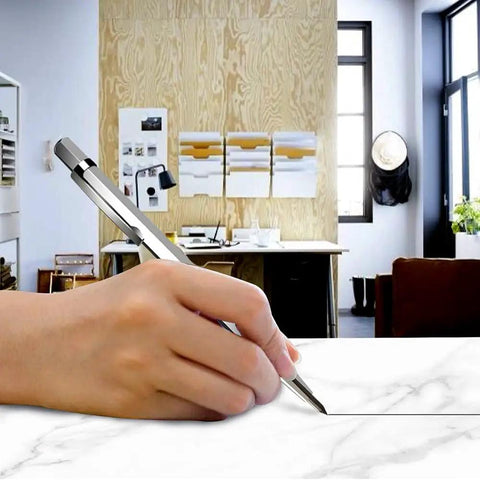 Heavy Duty Tungsten Scriber Marker Pen For Glass Metal Stainless Steel Ceramic Engraving Tool Silver tone in hand marking white surface.