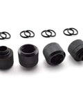 Angled view of SDTC Tech 4-pack G1/4 to 10mm ID 14mm OD rigid tubing fittings with knurled metal bodies and O-rings