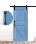 Blue barn door with Four Pack Cast Iron Sliding Barn Door Handles 5.51 Inch Dark Brown Vintage Metal Pulls installed, side view.