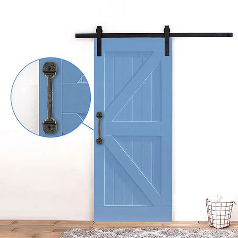 Blue barn door with Four Pack Cast Iron Sliding Barn Door Handles 5.51 Inch Dark Brown Vintage Metal Pulls installed, side view.