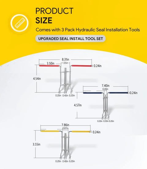 Pro Grade 3 Pack Hydraulic Seal Installation Tools Set sizes for cylinder piston seals and U Cup rod seals, heavy duty install
