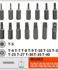 Rugged 14 Piece Tamper Resistant Torx Bit Set In S2 Alloy Steel T5 To T40 Security Star Bits with labeled sizes displayed