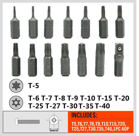 Rugged 14 Piece Tamper Resistant Torx Bit Set In S2 Alloy Steel T5 To T40 Security Star Bits with labeled sizes displayed
