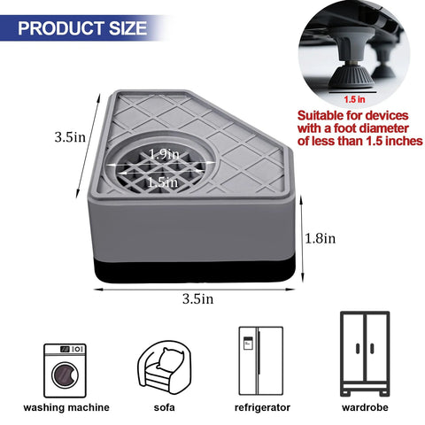 Front view of 4-pack anti-vibration pads for washing machines; gray 3.5in square base, 1.8in tall