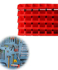 Heavy Duty Parts Rack With 48 Compartments Blue Floor Standing Tool Organizer For Garage Modular Bin Setup, red bins arranged in rows.