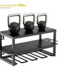 Heavy Duty 3 Layer Power Tool Organizer Wall Mount Rack For Cordless Drills And Tools 2 Pack Garage Storage Shelf, showing weight capacity with kettlebells