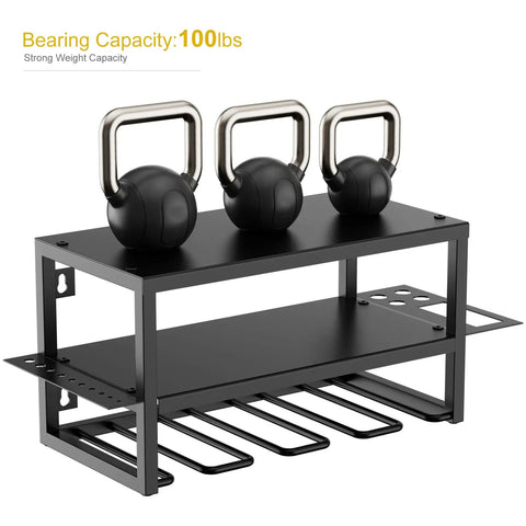 Heavy Duty 3 Layer Power Tool Organizer Wall Mount Rack For Cordless Drills And Tools 2 Pack Garage Storage Shelf, showing weight capacity with kettlebells