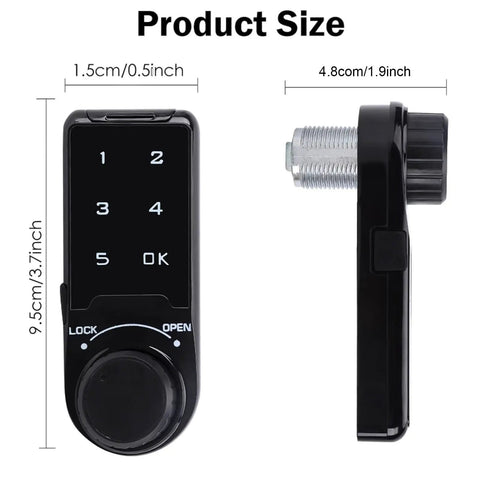 Rock Solid Electronic Cabinet Deadbolt Digital Touch Keypad Password Lock Keyless Entry Panel For Wooden Furniture Doors And Commercial Lockers Zero Hassle Setup dimensions showing keypad and body sizes.
