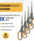 8 Inch Titanium Bonded Straight Scissors With Soft Grip Handle Gray And Yellow 4 Pack For Precision Cutting In Crafts, Sewing, And Office Tasks