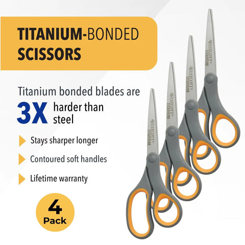 8 Inch Titanium Bonded Straight Scissors With Soft Grip Handle Gray And Yellow 4 Pack For Precision Cutting In Crafts, Sewing, And Office Tasks