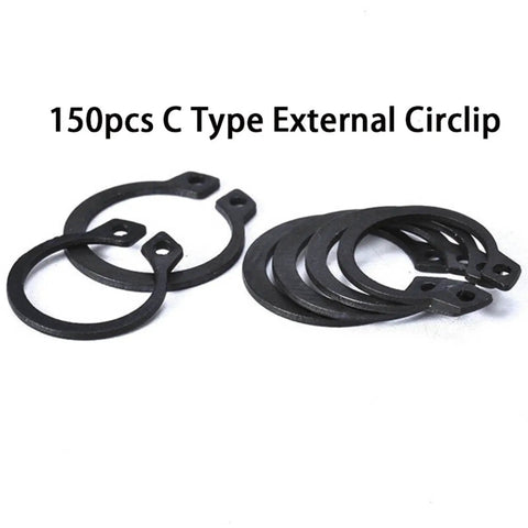 Beefy 150 Piece M8 To M36 Black Steel C Type Internal Circlip Retaining Clips Snap Rings for Holes and Shafts on white background