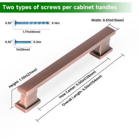 5 Inch 128mm Brushed Antique Copper Cabinet Pulls Handles Set 10 Pack Made From Solid Zinc with dimensional details