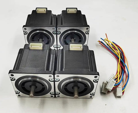 Pro Grade Four Pack 56mm Stepper Motors With 1.26Nm Torque And 2.8A Current For CNC Mills, 6.35mm Shaft, shown with lead wires.