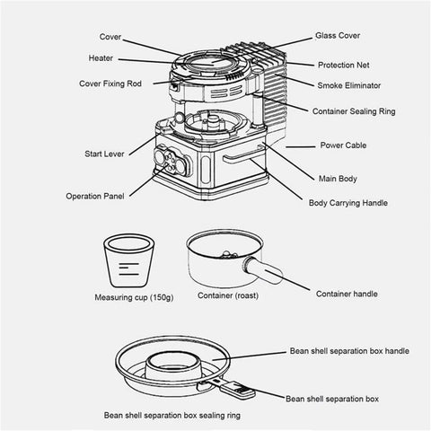 Kick Your Morning Routine Up A Notch With This Awesome 220V Automatic Coffee Bean Roaster Featuring A Clear Viewing Window Ultra Low Decibel Shell Collector And Custom Heat Dials For Next Level Home Barista Vibes, labeled diagram of coffee roaster parts including start lever, operation panel, and measuring cup.