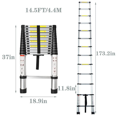 14.5 Ft Telescoping Aluminum Ladder For Home Or Outdoor Use, Foldable Portable Extension With 330 Lb Capacity, Easy Carry Strap, Compact Storage, Lightweight Yet Durable For DIY Projects And Everyday Tasks, shown collapsed and extended