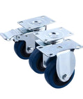 Four Pack Of Three Inch 304 Stainless Steel Casters With Twin Shaft Rubber Universal Swivel Wheels delivering smooth operation with secured brake.
