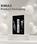 Black XIMAX product packaging on round white pedestal with abstract white spheres in the background