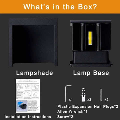 LED Aluminum Outdoor Wall Sconce Dope Cube Light for Patio and House Exterior 6W Waterproof 100 277V Warm White 3000K Two LEDs Black Finish Modern Exterior Wall Lighting components include a lampshade, lamp base, installation tools, and instructions.