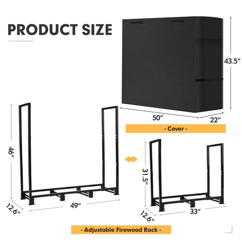 4Ft Outdoor Firewood Rack With Cover dimensions; heavy duty square steel stand and waterproof 300D Oxford cover.