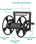Outdoor Wall Mounted Hose Reel With Hook And Leader Hose, Heavy Duty Metal Water Organizer For Garden, Black, detail view
