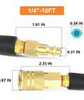 Reinforced Polyurethane Recoil Air Hose Ten Feet With Bend Restrictor And Quarter Inch Quick Coupler And Plug dimensions