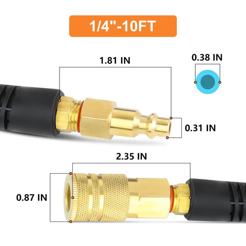 Reinforced Polyurethane Recoil Air Hose Ten Feet With Bend Restrictor And Quarter Inch Quick Coupler And Plug dimensions