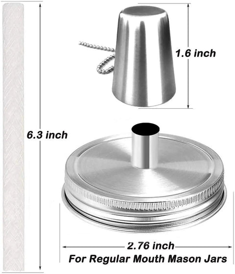 Image showing components of a 4 Pack Mason Jar Outdoor Tabletop Torch Kit with Fiberglass Wicks and Stainless Lid Caps.