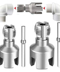 Heavy Duty Pvc Pipe Threader Cuts Internal And External Threads With Zero Sweat Fits Any Standard Power Drill, showcasing pipe connectors and threader detail.