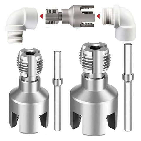 Heavy Duty Pvc Pipe Threader Cuts Internal And External Threads With Zero Sweat Fits Any Standard Power Drill, showcasing pipe connectors and threader detail.