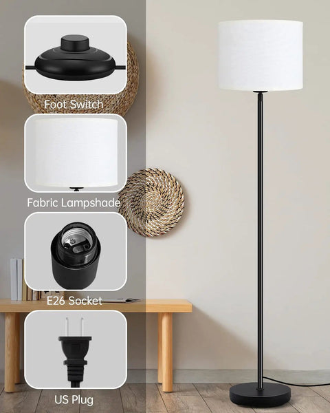 Tall Floor Lamp 58 Inch Modern Standing Light with White Linen Shade Black Metal Pedal Switch Easy Assembly Ideal For Bedroom