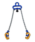 Front view: blue 1-ton drum lifter with two chains and yellow clamps for 30–55 gal drums.