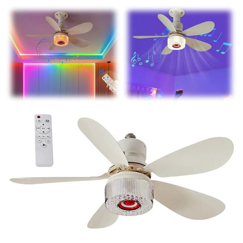 3 in 1 LED Smart Ceiling Fan Light with BT Speaker Remote (40W White) with remote control and colorful lighting effects.