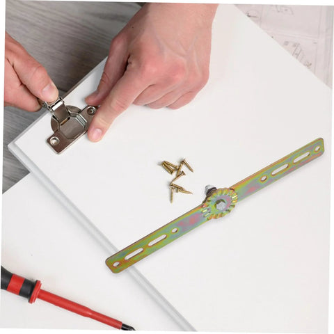 Installing heavy-duty adjustable hinge with screws on cabinet surface for secure furniture assembly.