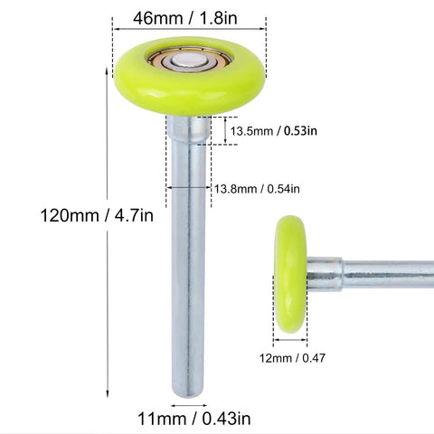 Top Shelf 15 Pack 1.8 Inch Green Nylon Garage Door Rollers featuring quiet 6200ZZ precision ball bearings, showcasing dimensions and details.