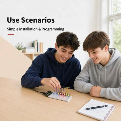 Two people using All In One Electronics Kit With UNO R3 Compatible Board Power Supply Module 480 Pcs at a desk.