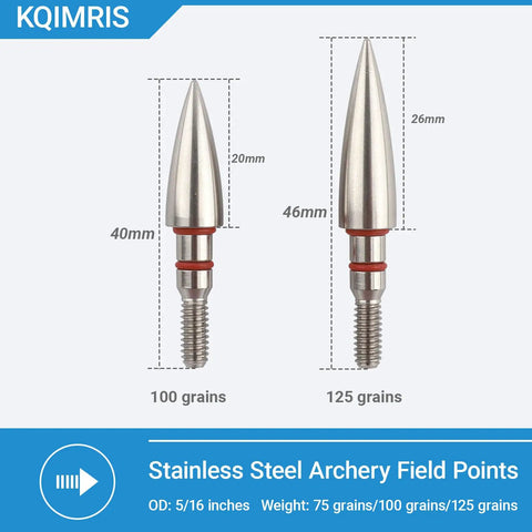 Heavy Duty Stainless Steel Archery Field Points Set 75 100 And 125 Grain Five Sixteenths Inch Screw In Arrow Tips For Target Practice