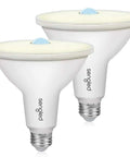 Two 2-Pack Motion Sensor Outdoor Flood Light Bulbs PAR38 LED, Dusk To Dawn, Waterproof, 3000K Warm White, 1050 Lumens, side view